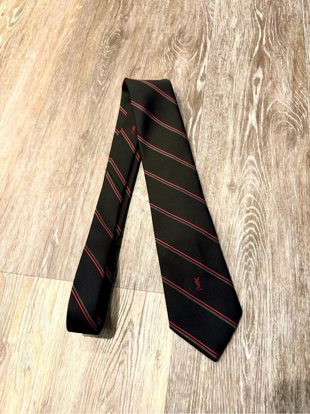 Yves Saint Laurent Black Tie with Red Strips, Elegant Designer Wear